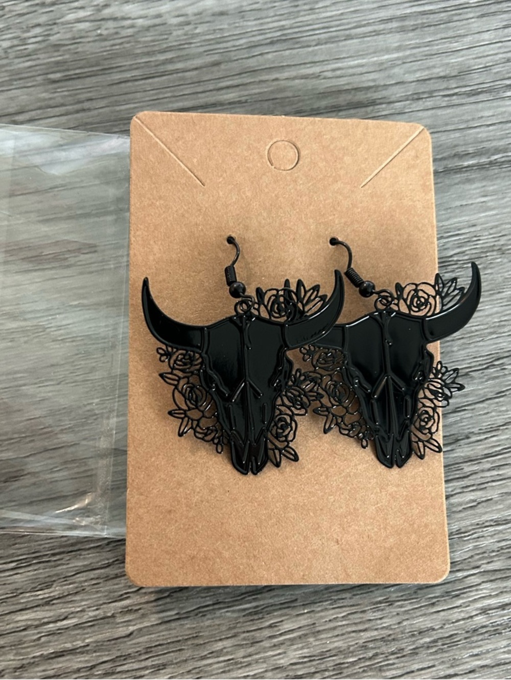 NWT Black Bull Skull Floral Dangle Earrings